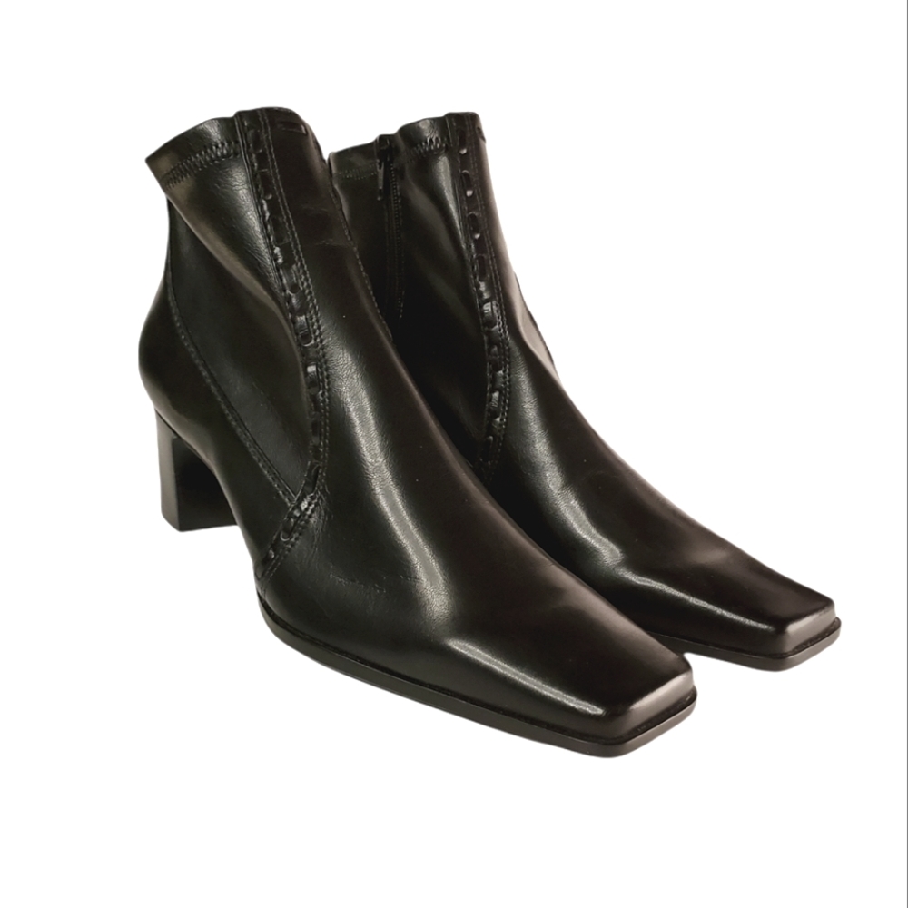 Franco Sarto Black Leather Square Toed Heeled Ankle Boots